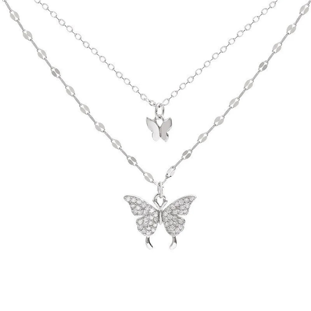 🦋 Butterfly Pendant Necklace – Stylish Double Layer Chain for Women