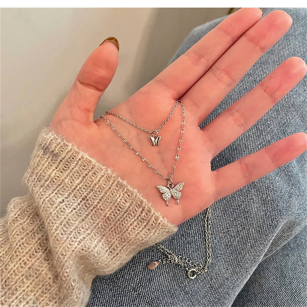 🦋 Butterfly Pendant Necklace – Stylish Double Layer Chain for Women