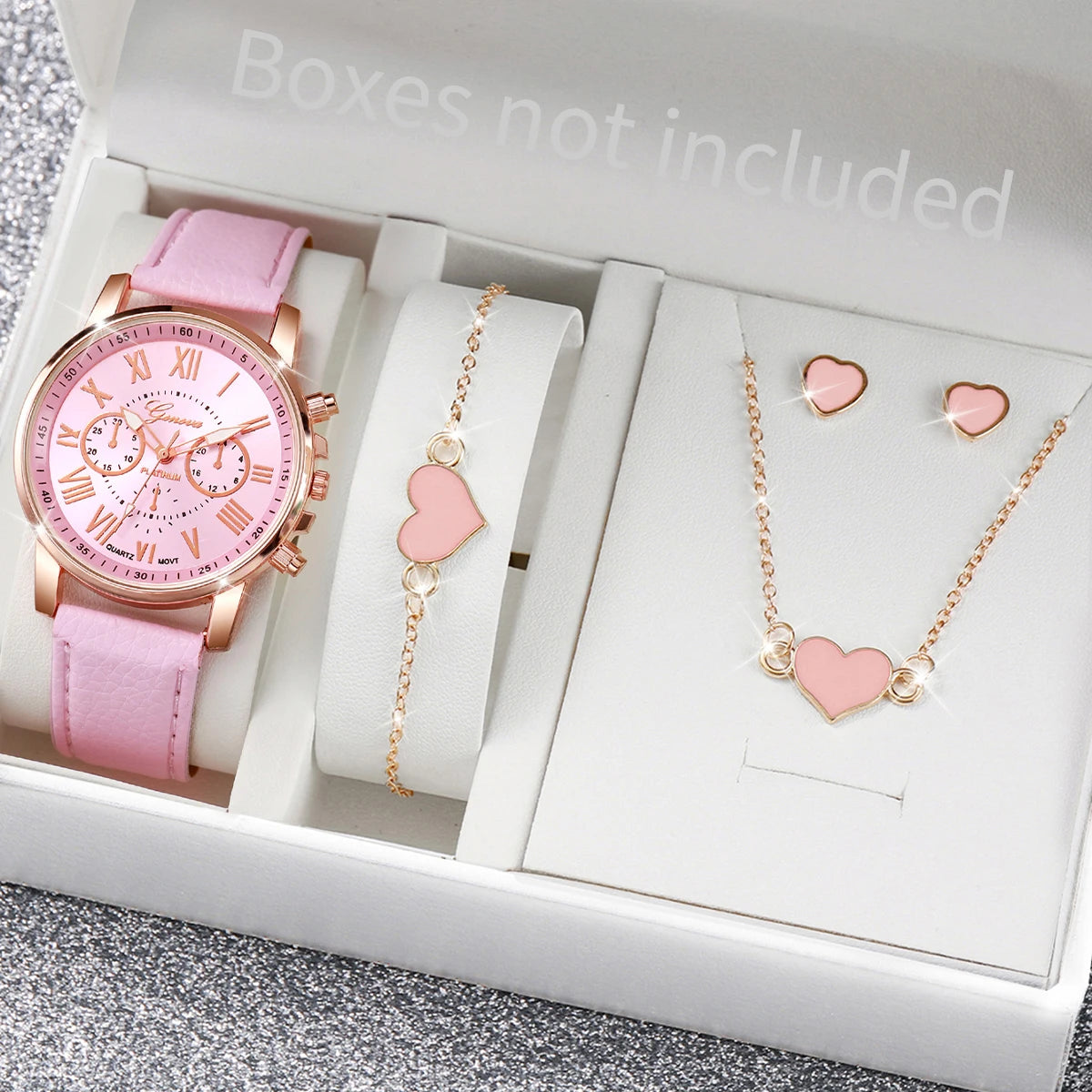 Luxury Women’s Watch & Jewelry Set – 5PCS Pink Elegance Collection