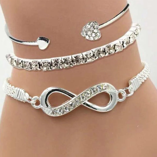 Glamora World Silver Infinity Bracelet Set – Elegant Adjustable Crystal Bangles for Women