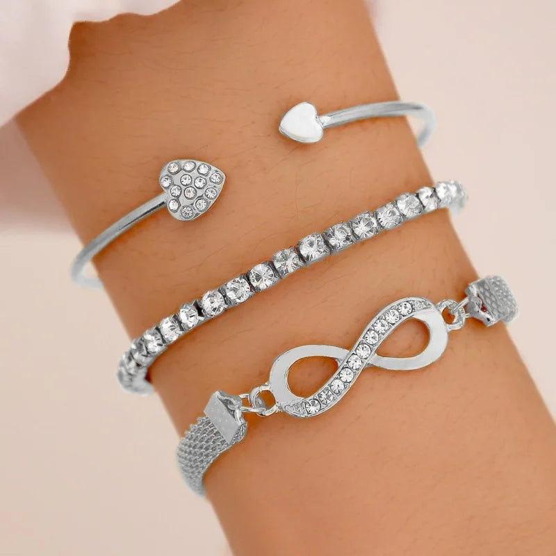 Glamora World Silver Infinity Bracelet Set – Elegant Adjustable Crystal Bangles for Women
