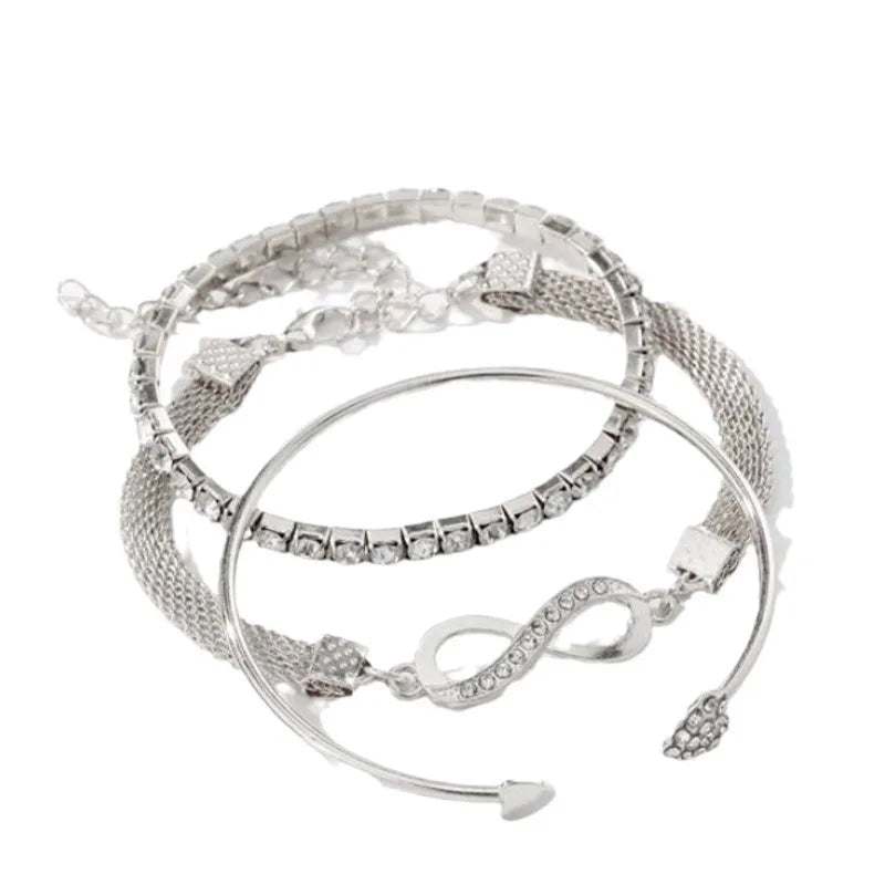 Glamora World Silver Infinity Bracelet Set – Elegant Adjustable Crystal Bangles for Women