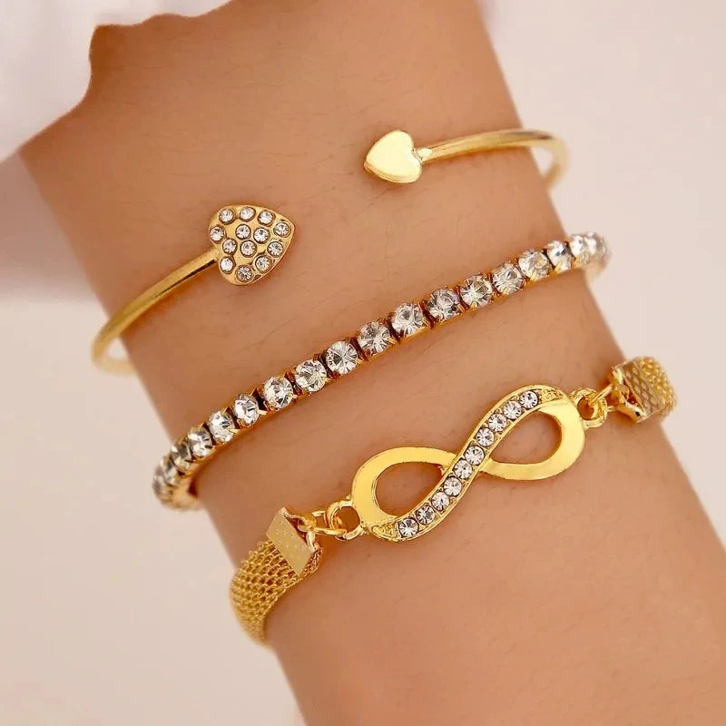 Glamora World Silver Infinity Bracelet Set – Elegant Adjustable Crystal Bangles for Women