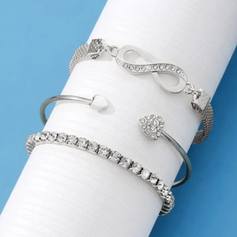 Glamora World Silver Infinity Bracelet Set – Elegant Adjustable Crystal Bangles for Women