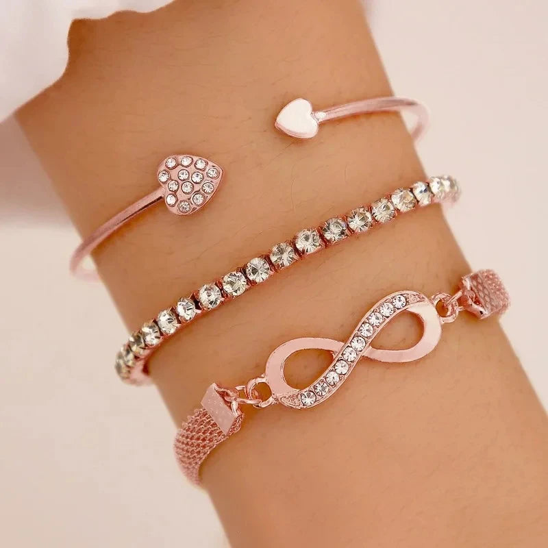 Glamora World Silver Infinity Bracelet Set – Elegant Adjustable Crystal Bangles for Women