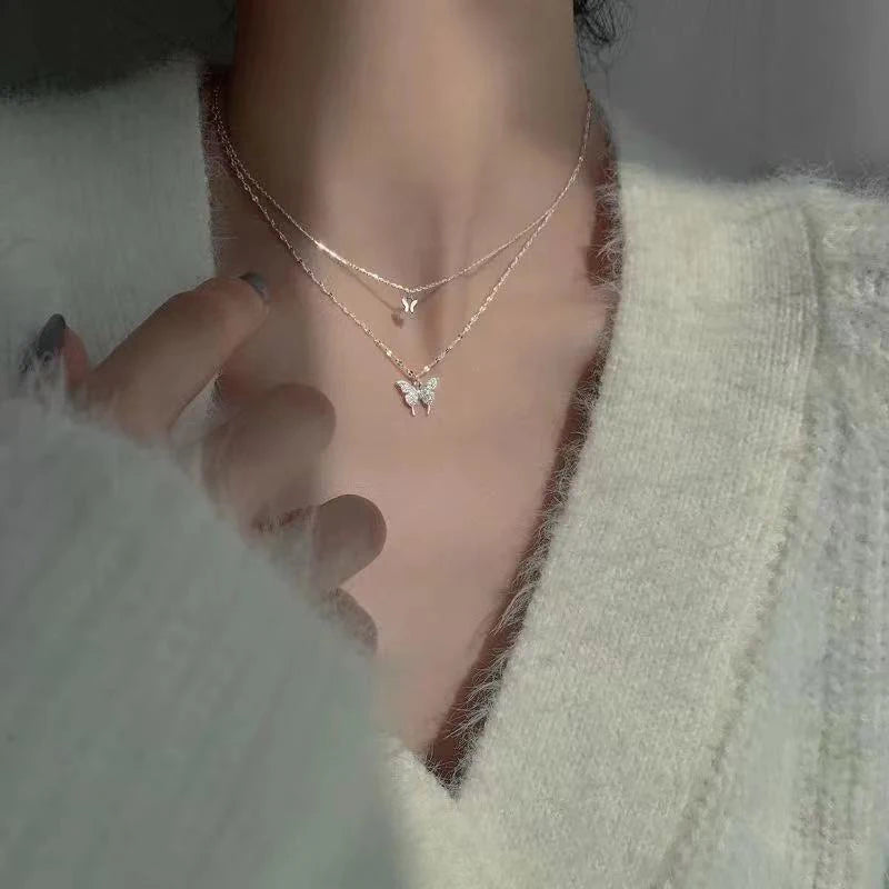 🦋 Butterfly Pendant Necklace – Stylish Double Layer Chain for Women