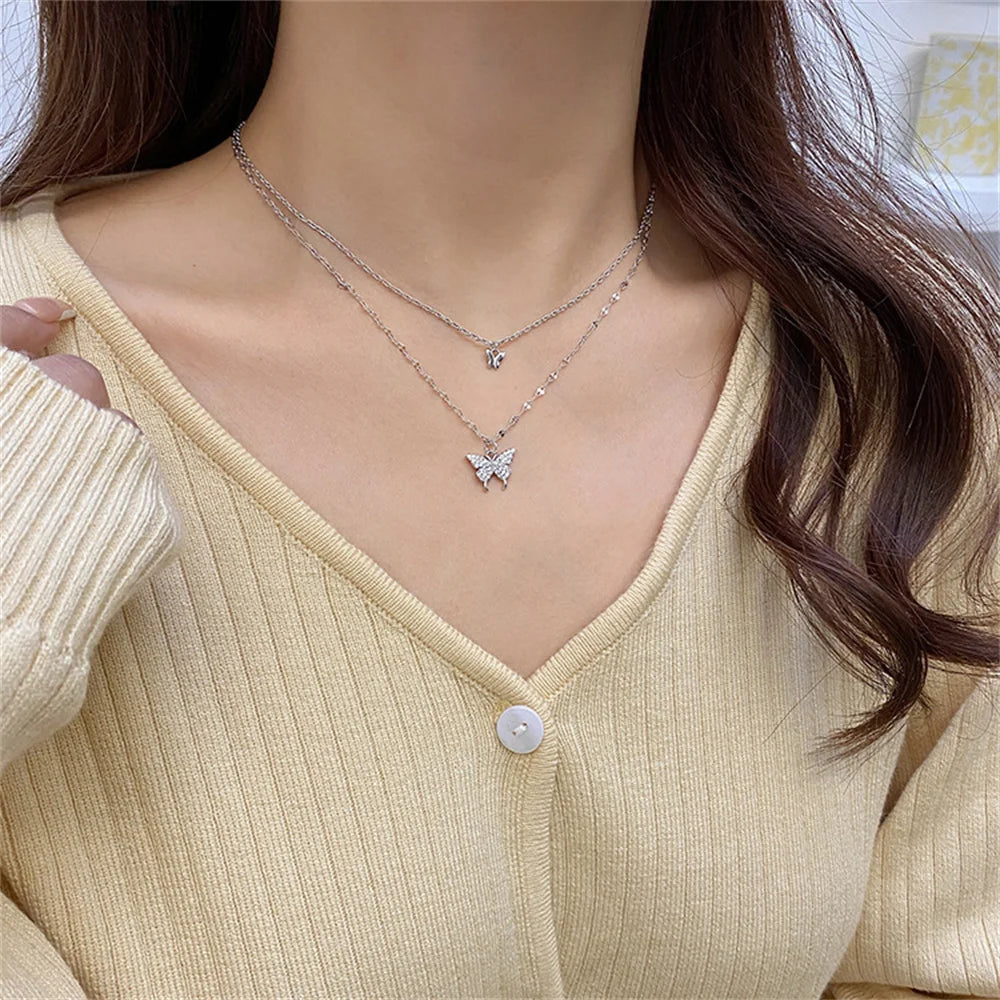 🦋 Butterfly Pendant Necklace – Stylish Double Layer Chain for Women