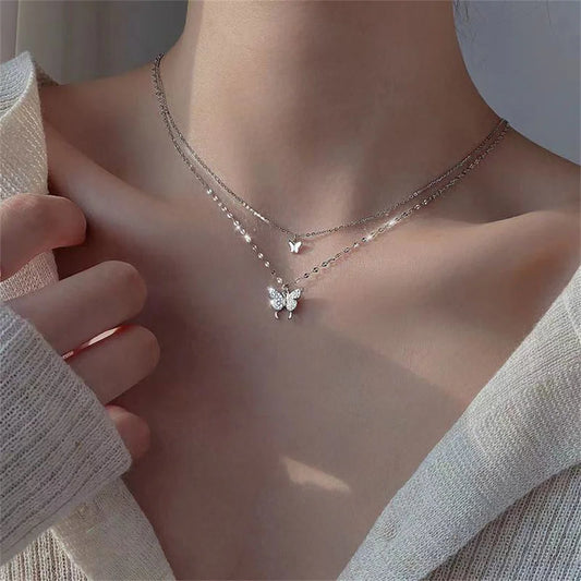 🦋 Butterfly Pendant Necklace – Stylish Double Layer Chain for Women