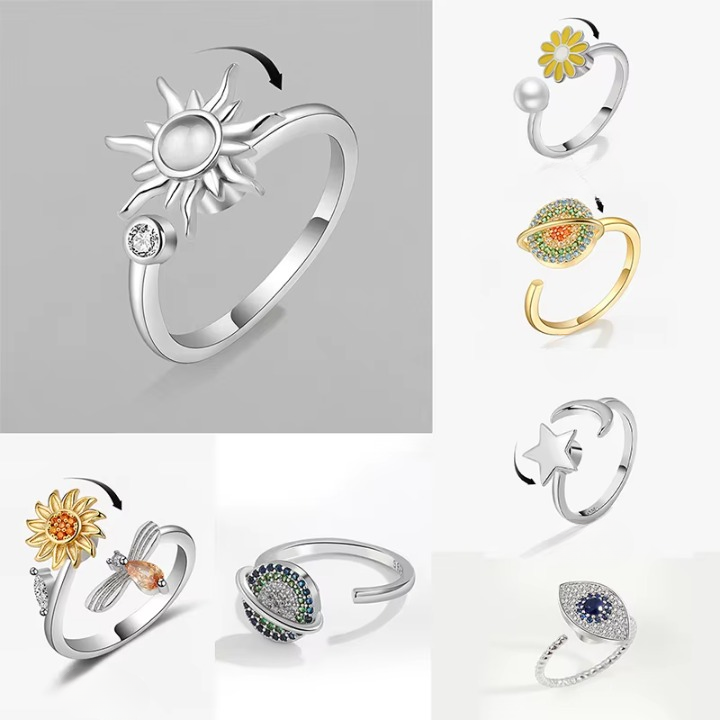 Anti-Stress Spinner Ring for Women - Sunflower & Star Anxiety Relief Jewelry - Free Shipping