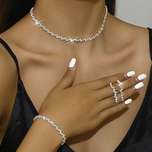 Elegant Women’s Jewelry Set – Zircon Necklace, Choker, Earrings, Bracelet & Rings