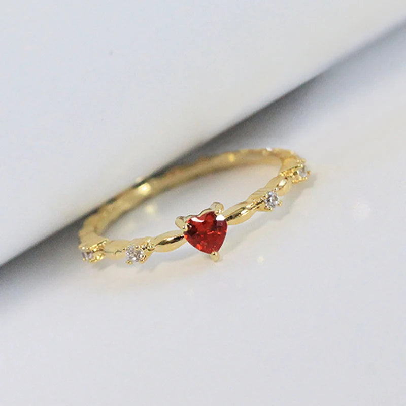 Romantic Red Heart Cubic Zirconia Ring - Luxury Gold Plated Wedding Band for Women