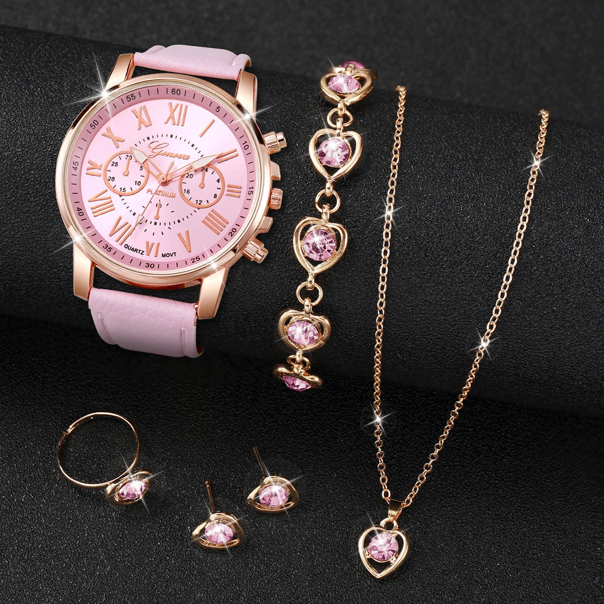 Luxury Women’s Watch & Jewelry Set – 5PCS Pink Elegance Collection