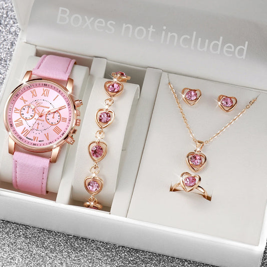 Luxury Women’s Watch & Jewelry Set – 5PCS Pink Elegance Collection