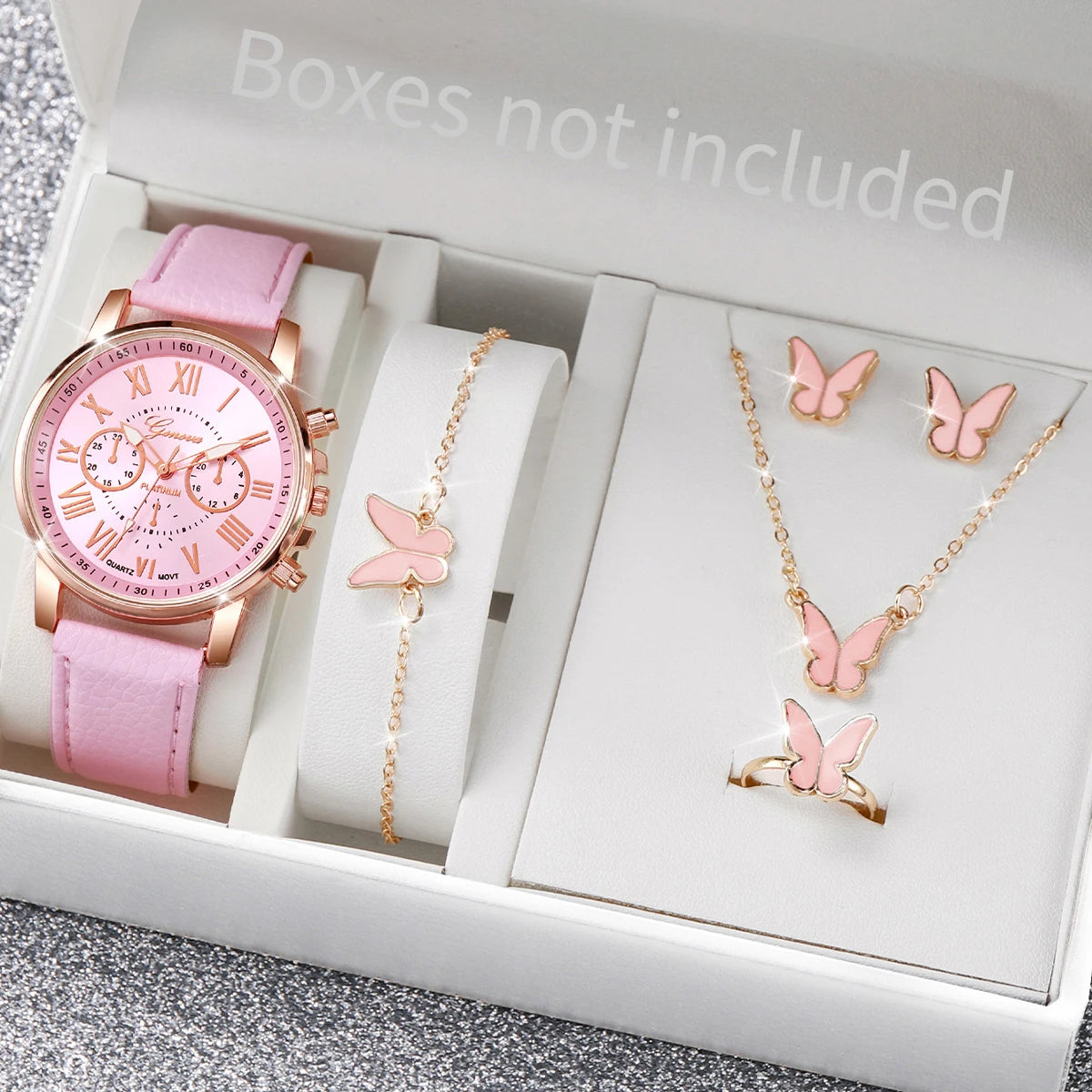 Luxury Women’s Watch & Jewelry Set – 5PCS Pink Elegance Collection