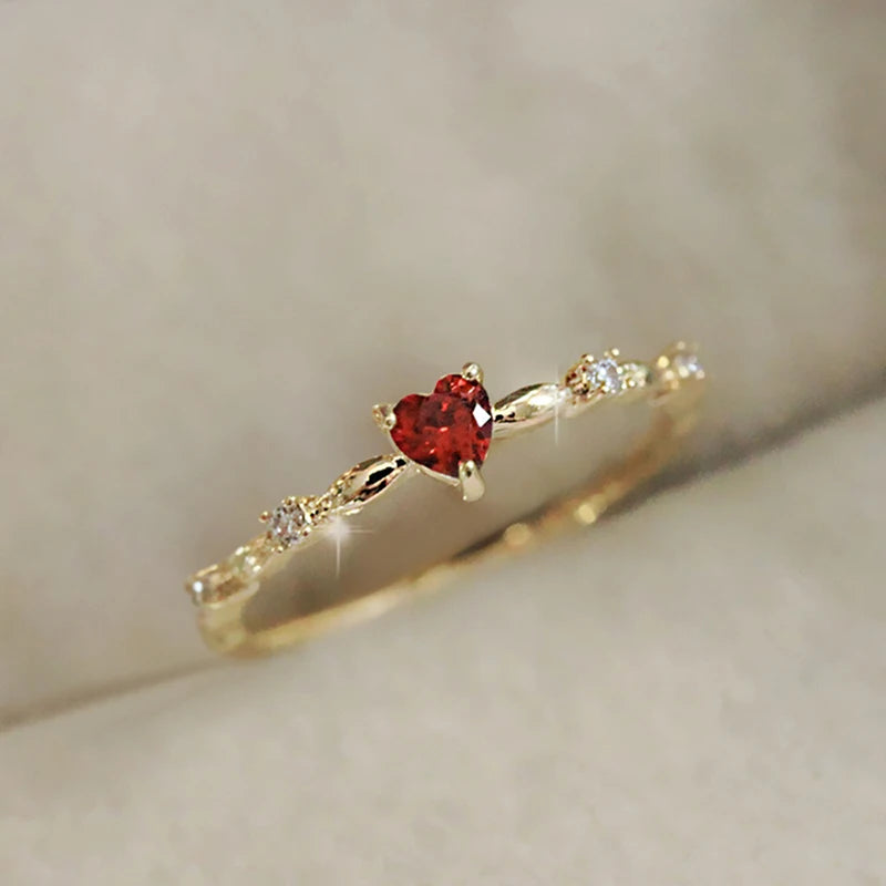 Romantic Red Heart Cubic Zirconia Ring - Luxury Gold Plated Wedding Band for Women