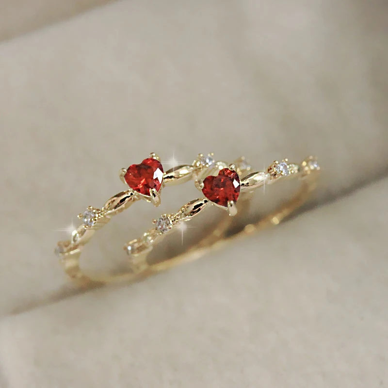 Romantic Red Heart Cubic Zirconia Ring - Luxury Gold Plated Wedding Band for Women