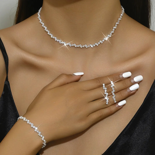 Elegant Women’s Jewelry Set – Zircon Necklace, Choker, Earrings, Bracelet & Rings