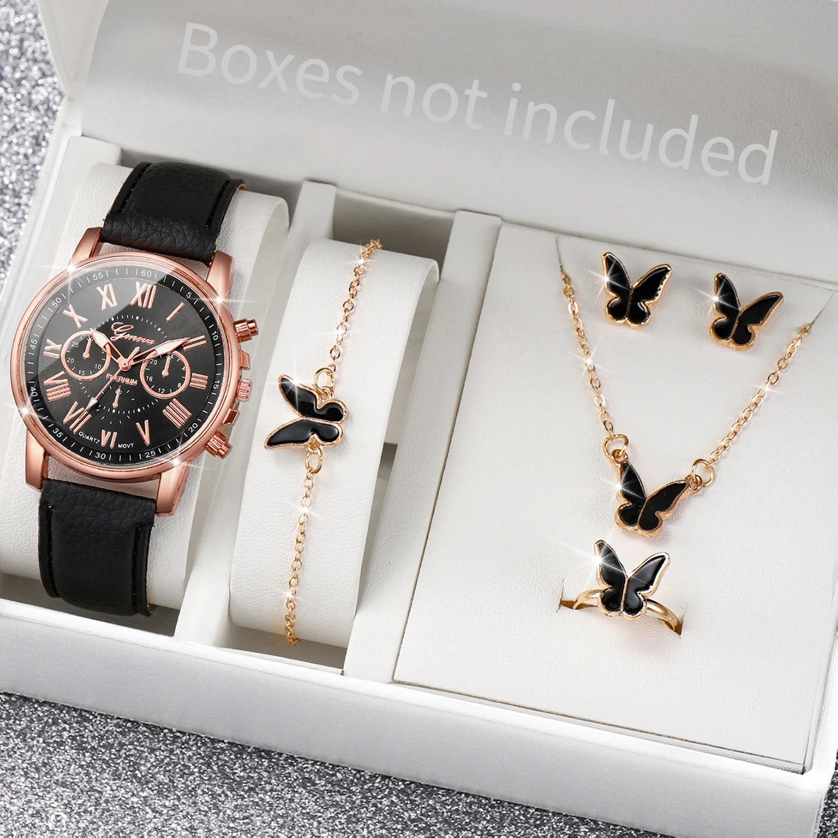 Luxury Women’s Watch & Jewelry Set – 5PCS Pink Elegance Collection