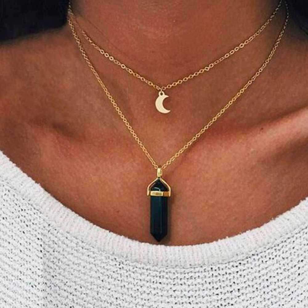 Obelisk Crescent Moon Necklace – Double Layer Choker