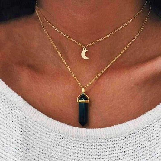 Obelisk Crescent Moon Necklace – Double Layer Choker