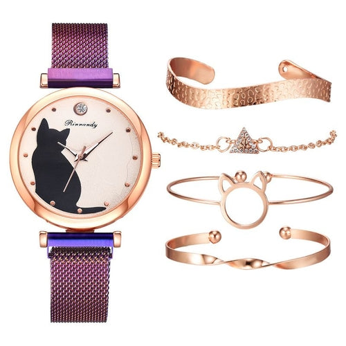 ✨ Women’s Fashion Quartz Watch – Purple Mesh Belt with Cute Cat Dial ✨