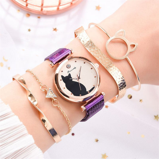 ✨ Women’s Fashion Quartz Watch – Purple Mesh Belt with Cute Cat Dial ✨