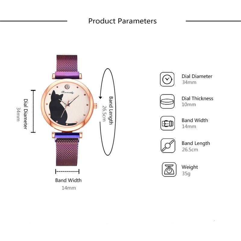 ✨ Women’s Fashion Quartz Watch – Purple Mesh Belt with Cute Cat Dial ✨