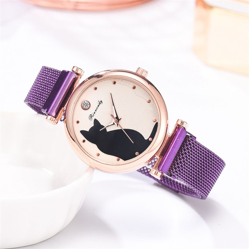 ✨ Women’s Fashion Quartz Watch – Purple Mesh Belt with Cute Cat Dial ✨
